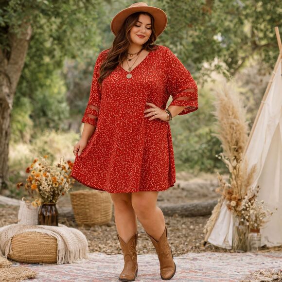 Jouica Dresses & Skirts - Plus Size Floral Dress Womens 2XL Red Ditsy Boho Tunic NWT Cottagecore Hippie